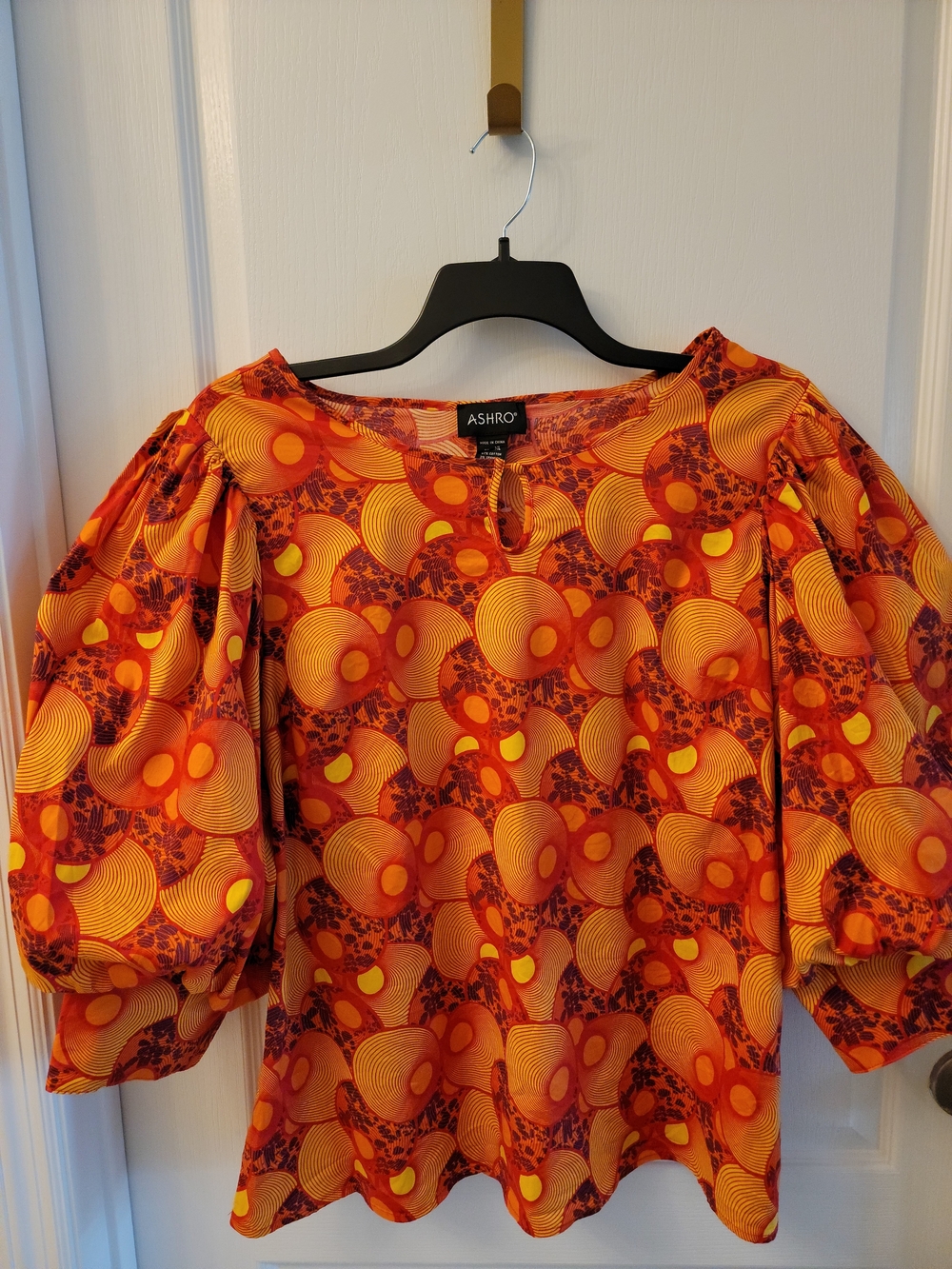 Ashro Orange and Yellow Geo Puff Sleeve Blouse - Picture 6 of 13